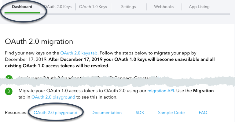 App Dashboard with OAuth 2.0 Playground link